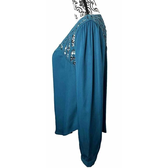 EAM Teal Embroidered Crocheted Floral Long Sleeve Blouse Size Medium Boho - Picture 5 of 11